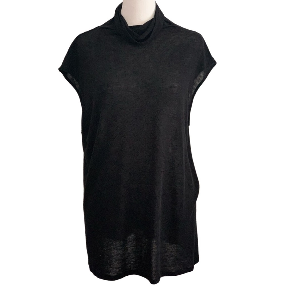 JOAN VASS Sheer Cap Sleeve Mock Neck Sweater